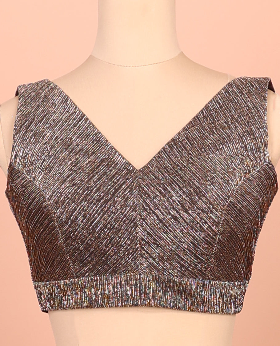 Brown Readymade Blouse Featuring a Front V-Neck, Back V-Neck, and Sleeveless