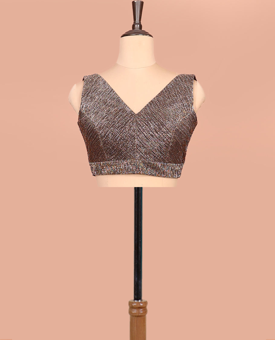 Brown Readymade Blouse Featuring a Front V-Neck, Back V-Neck, and Sleeveless