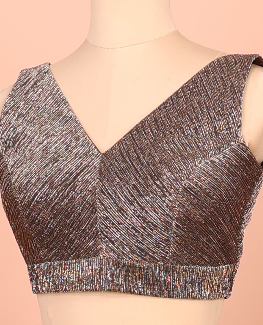 Brown Readymade Blouse Featuring a Front V-Neck, Back V-Neck, and Sleeveless