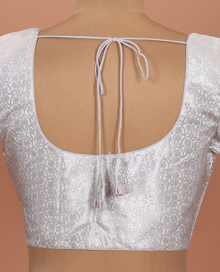 White brocade front-back round neck elbow-sleeve readymade blouse