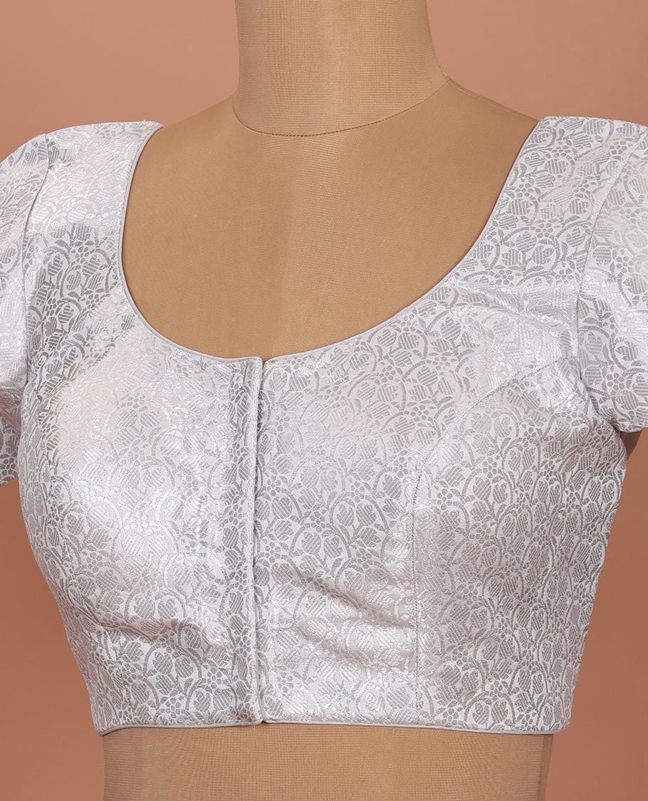 White brocade front-back round neck elbow-sleeve readymade blouse