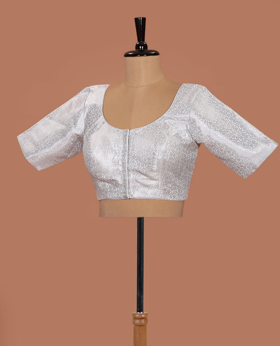 White brocade front-back round neck elbow-sleeve readymade blouse