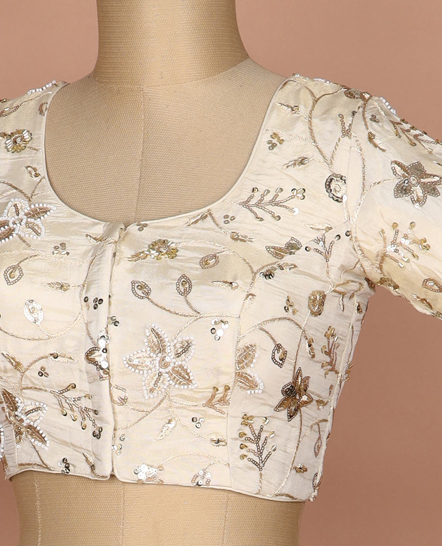 Sandal floral vine mixed embroidered round neck elbow sleeve raw silk readymade blouse