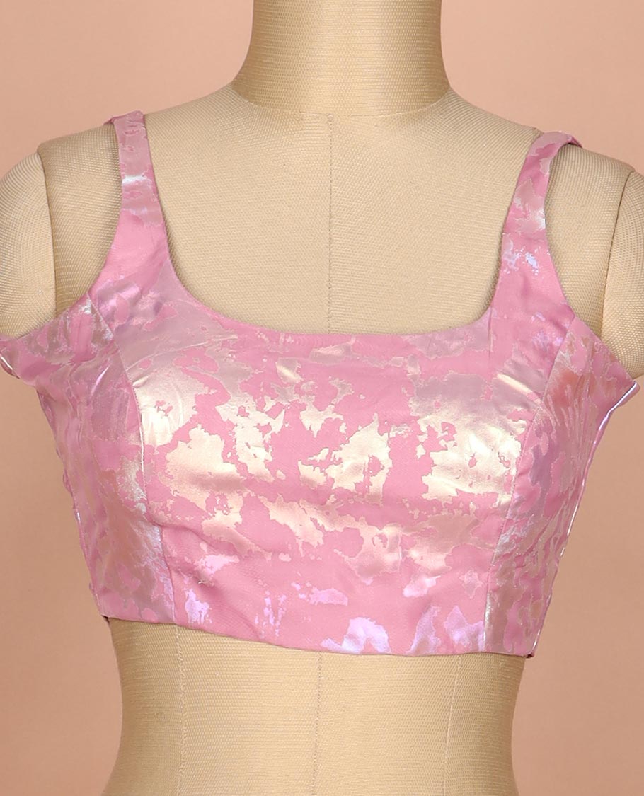 Pink abstract style foil printed round neck thick strap sleeveless readymade blouse