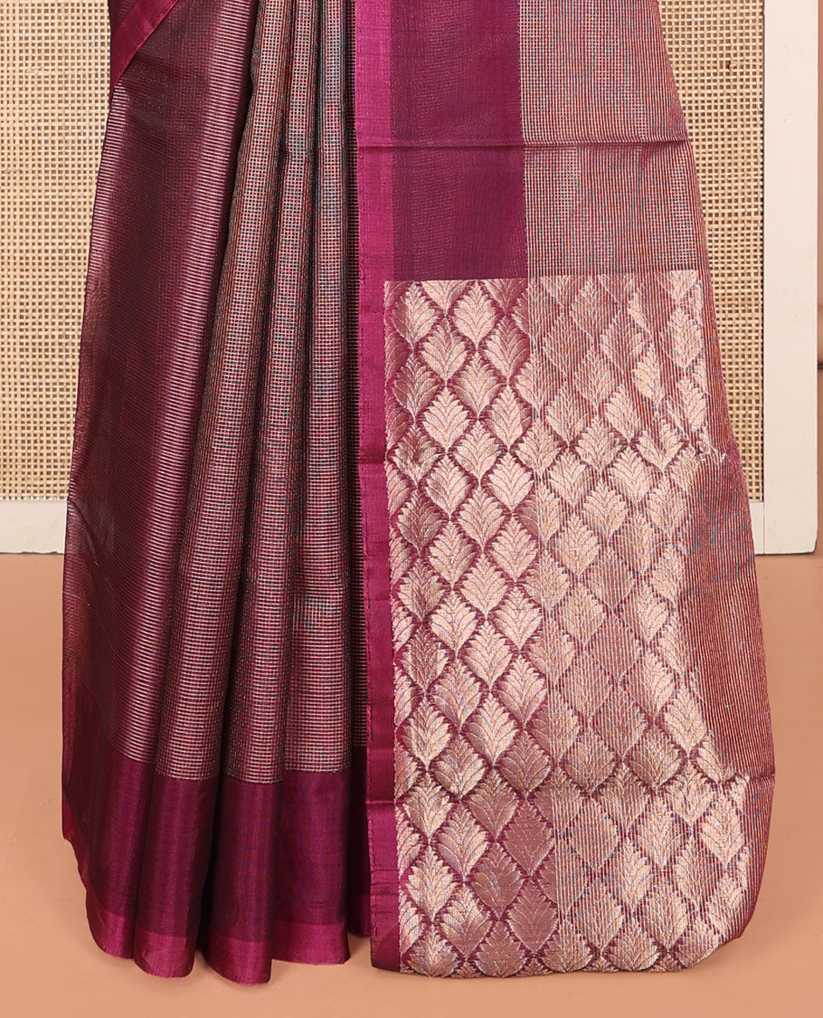 Borderless Purple Silk Cotton Saree, Subtly Sparkled with Checks, a Pallu of Intricate Designs, and Matching Blouse