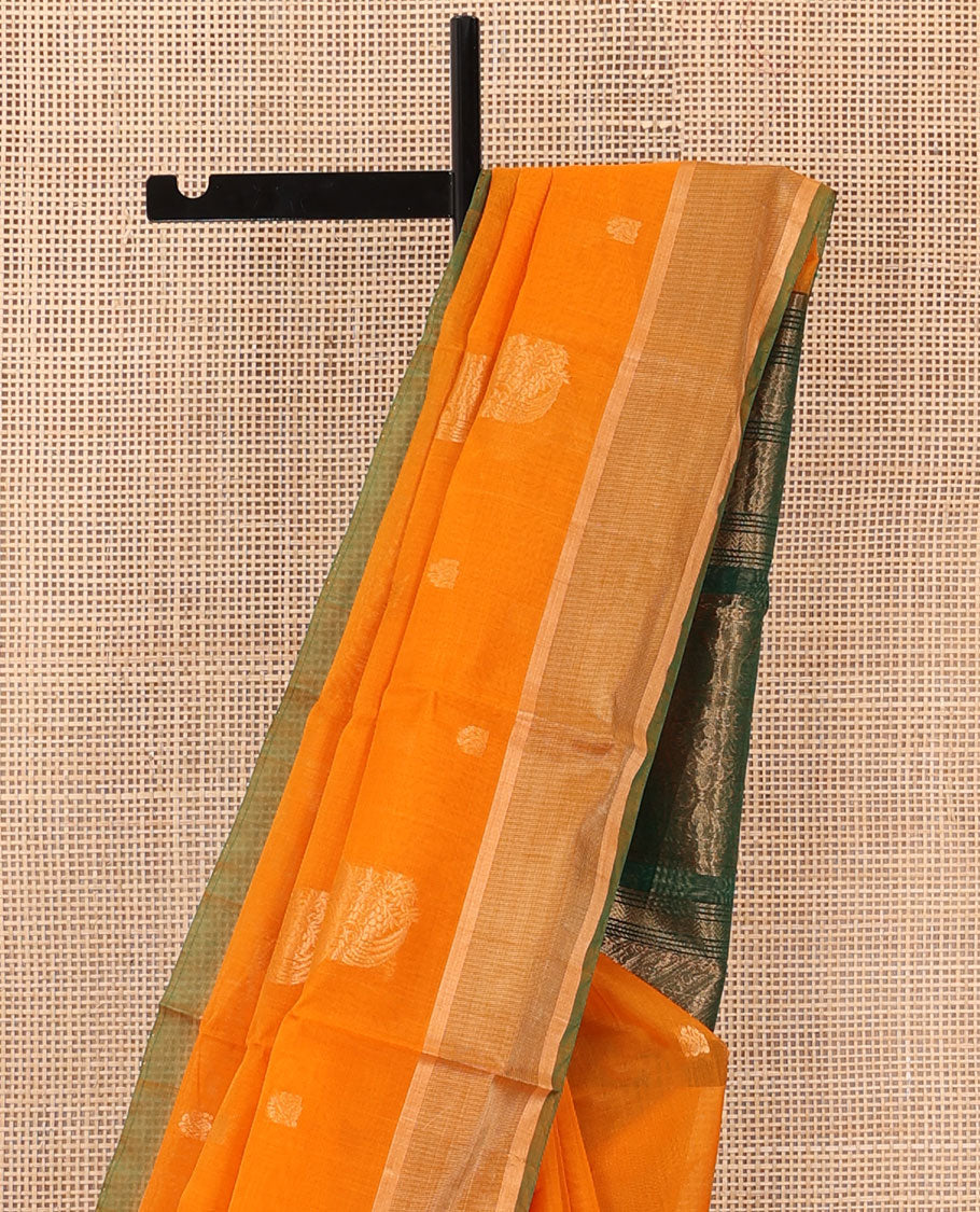 Orange zari buttas silk cotton saree, contrast bavanji border, and contrast floral design pallu