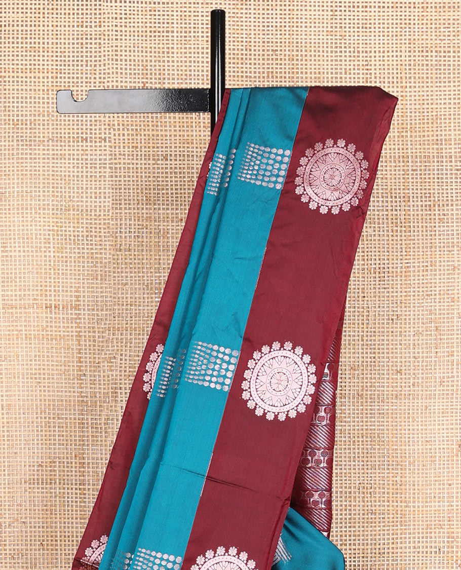 Blue geometric design soft silk saree with contrast zari design border & geometric design pallu