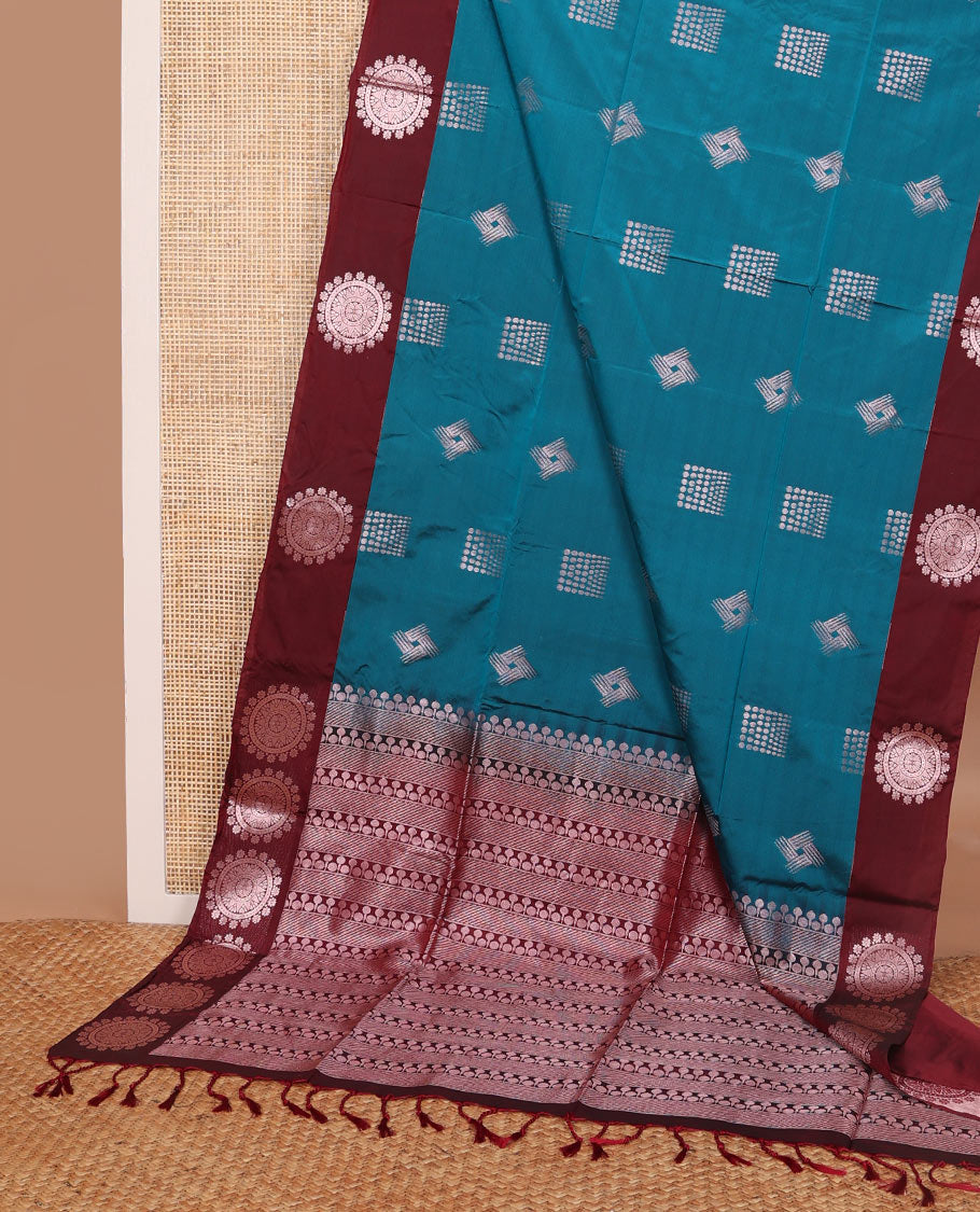 Blue geometric design soft silk saree with contrast zari design border & geometric design pallu