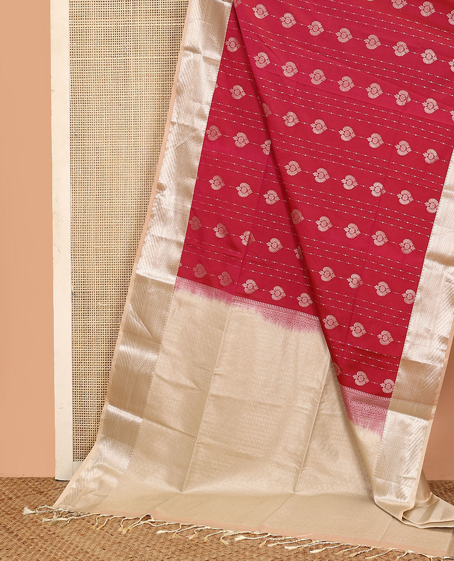 Red zari buttas soft silk saree, contrast traditional zari design border, and jaal pallu