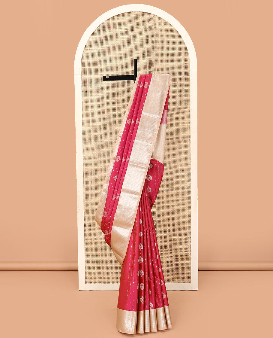 Red zari buttas soft silk saree, contrast traditional zari design border, and jaal pallu