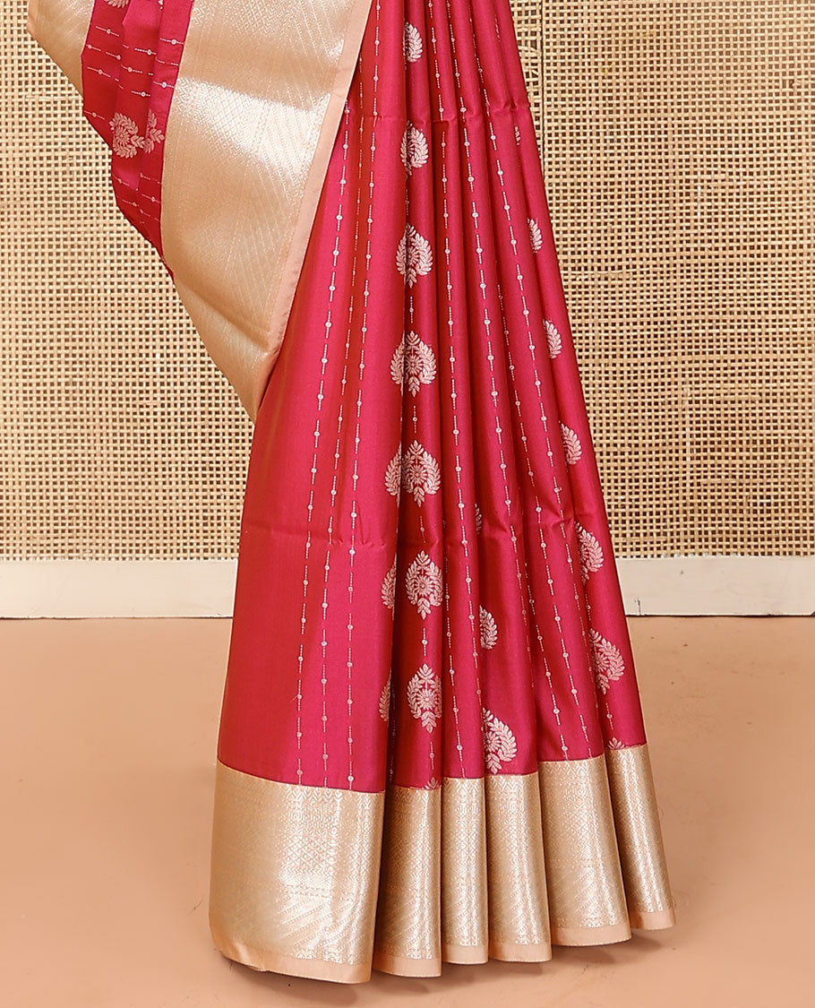 Red zari buttas soft silk saree, contrast traditional zari design border, and jaal pallu