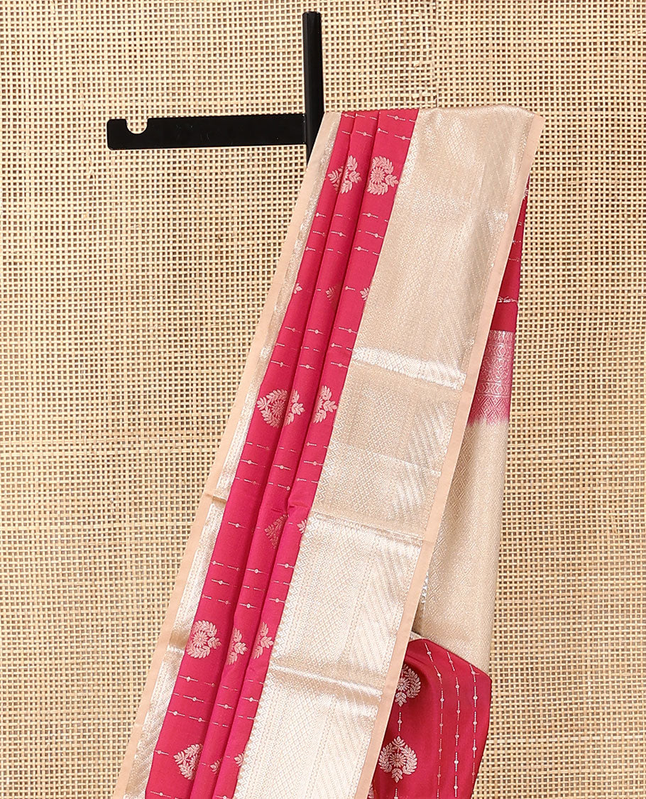 Red zari buttas soft silk saree, contrast traditional zari design border, and jaal pallu