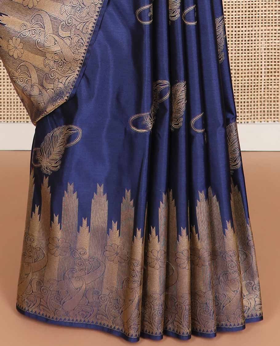 Blue feather design soft silk saree with self floral design border & intricate zari design pallu