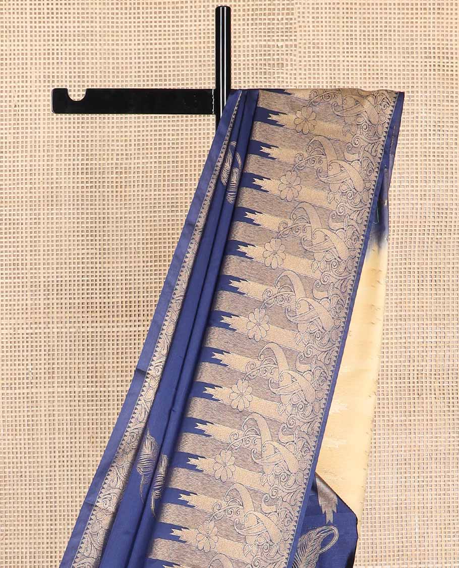 Blue feather design soft silk saree with self floral design border & intricate zari design pallu