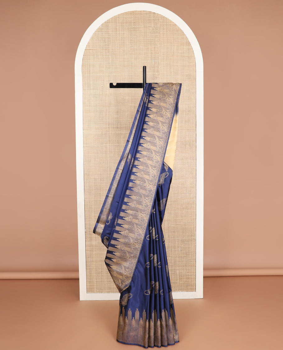 Blue feather design soft silk saree with self floral design border & intricate zari design pallu