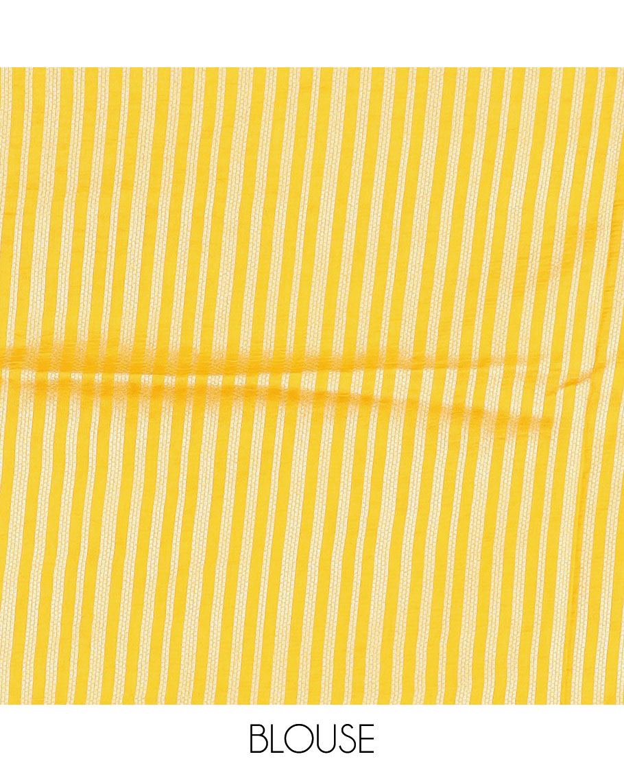 Bright yellow Matka silk saree features rudraksham motifs, scallop floral motifs and bird embossed thread embroidery border