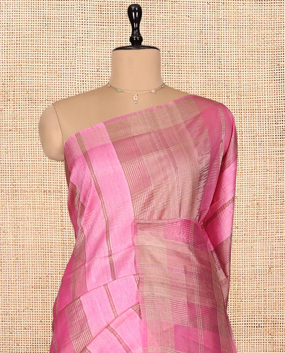 Borderless Pink Checked Tussar Silk Saree, a Self-Pallu, and a Matching Blouse