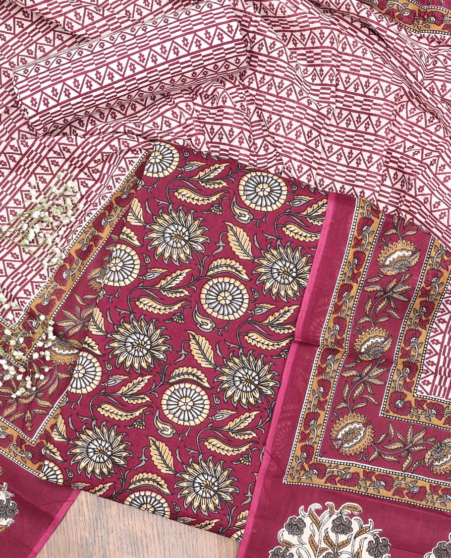 Red chudidhar material set floral design top with geometric design bottom & geometric design floral design dupatta