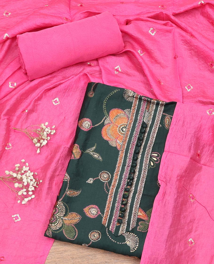 Green Material Chudidar Set, Enriched with Meenakari-Style Floral Printed Rayon Top, Complemented by Contrast Plain Rayon Bottom, and Paired with Sequins and Thread Embroidered Chanderi Silk Dupatta