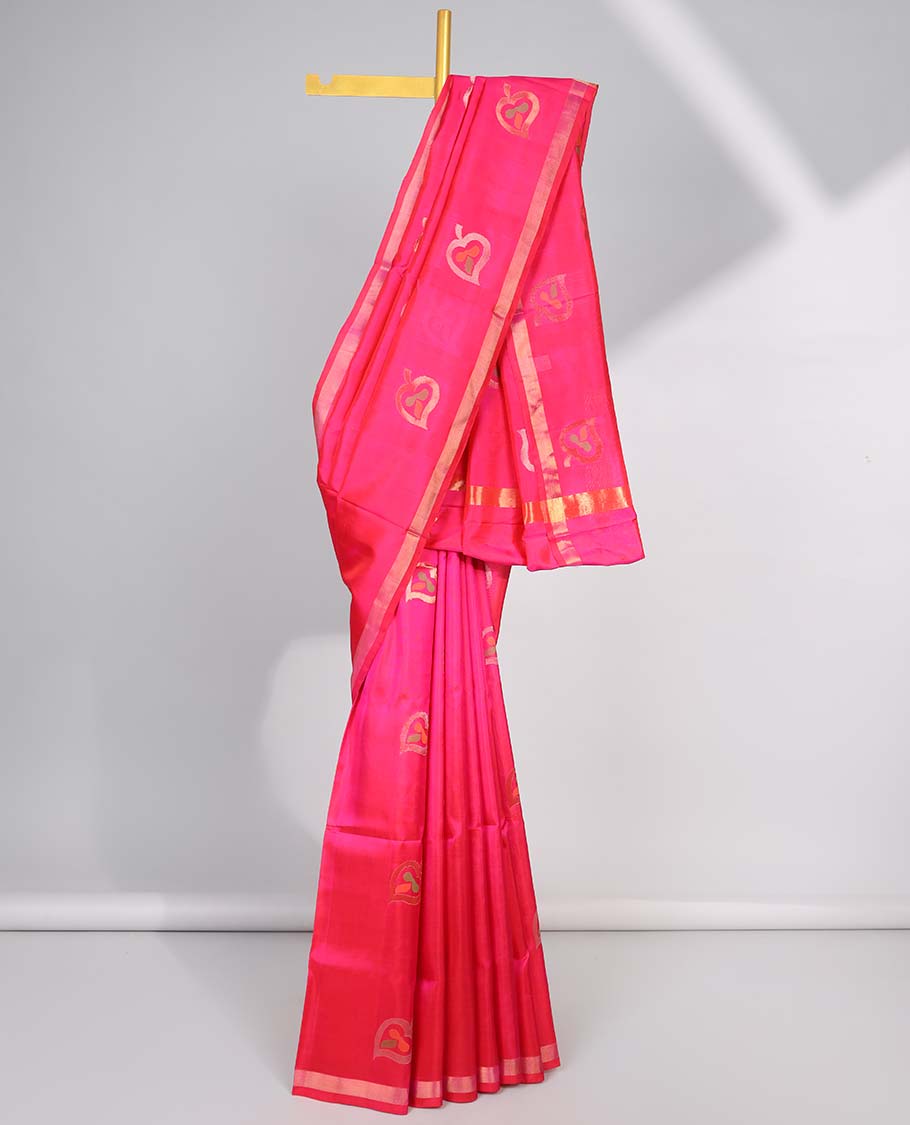 Pink all-over leaf motifs upadda silk saree with self zari border