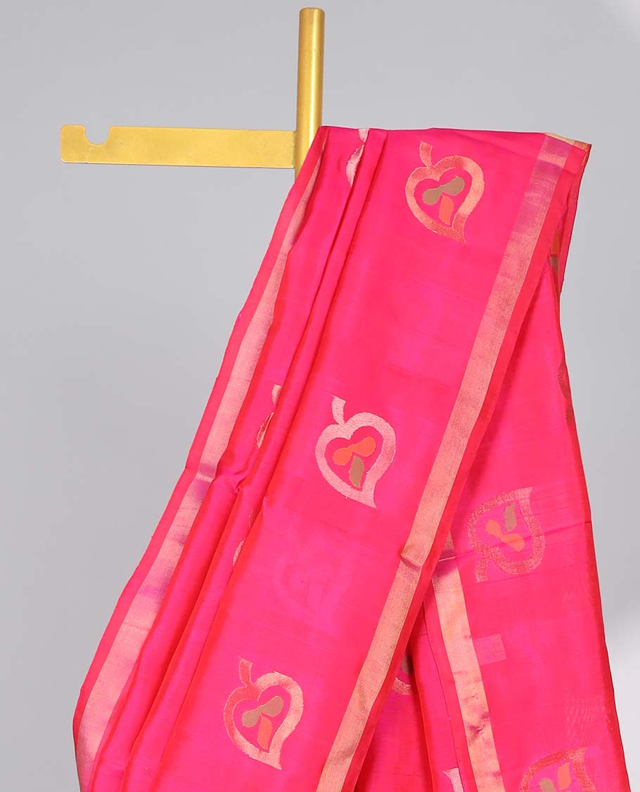 Pink all-over leaf motifs upadda silk saree with self zari border