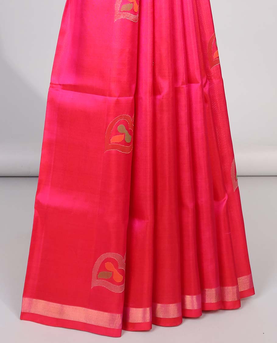 Pink all-over leaf motifs upadda silk saree with self zari border