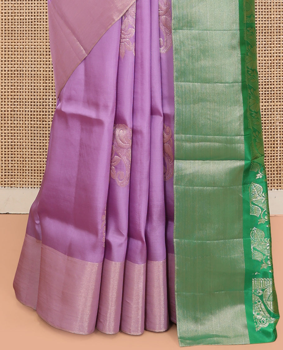 Lavender Uppada Saree, Decorated with Floral Buttas, a Bavanji Border, Contrast Intricate Pallu, and a Contrast Blouse