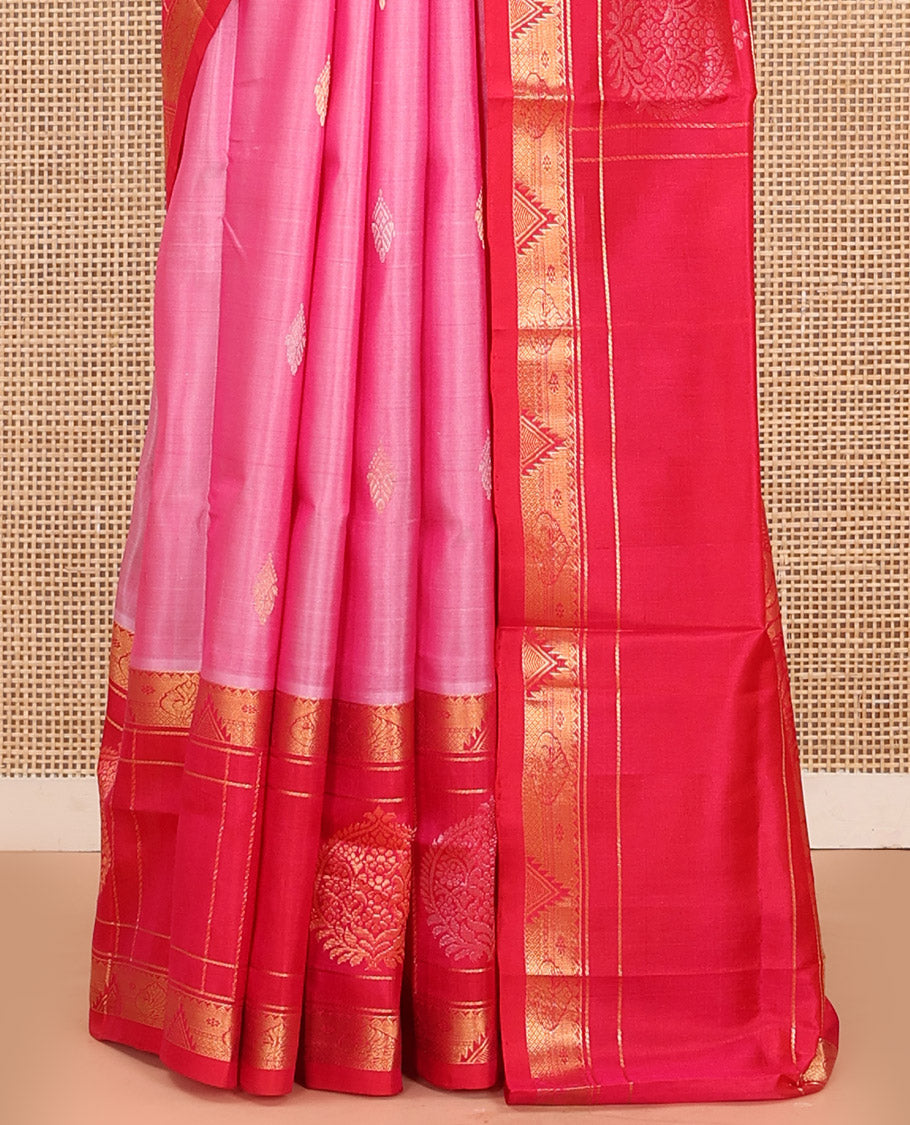 Pink Uppada Silk Saree Detailed with Zari Buttas All Over Its Body, Complemented by a Contrast Border of Traditional Zari Designs, Sparsely Sparkled Pallu of Floral-Paisley Designs, and Paired with a Contrast Blouse