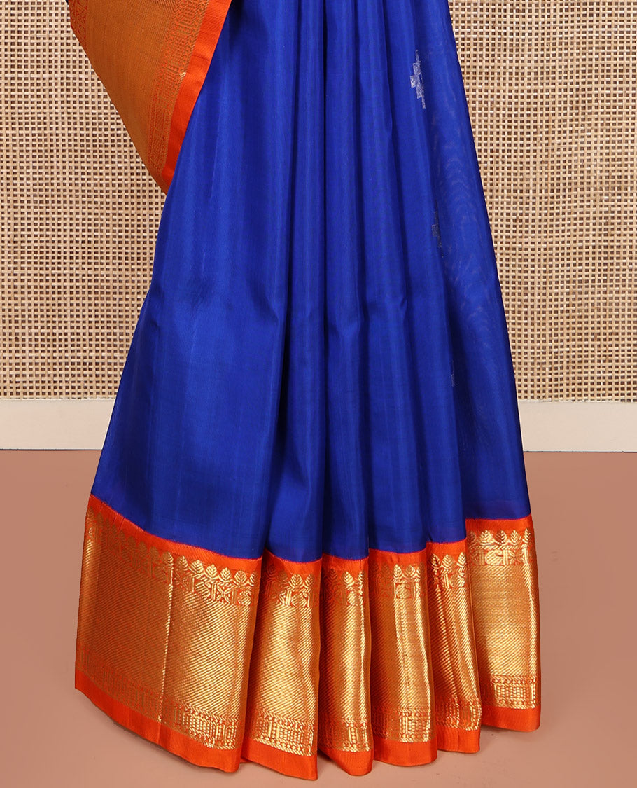 Blue Venkatagiri Silk Saree, Bedecked with Zari Buttas All Over Its Body, Complemented by a Contrast Traditional Zari Design Border, Gleaming Zari Striped Pallu, and Paired with a Contrast Blouse