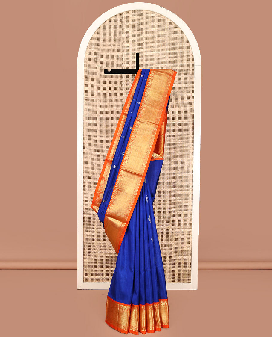 Blue Venkatagiri Silk Saree, Bedecked with Zari Buttas All Over Its Body, Complemented by a Contrast Traditional Zari Design Border, Gleaming Zari Striped Pallu, and Paired with a Contrast Blouse