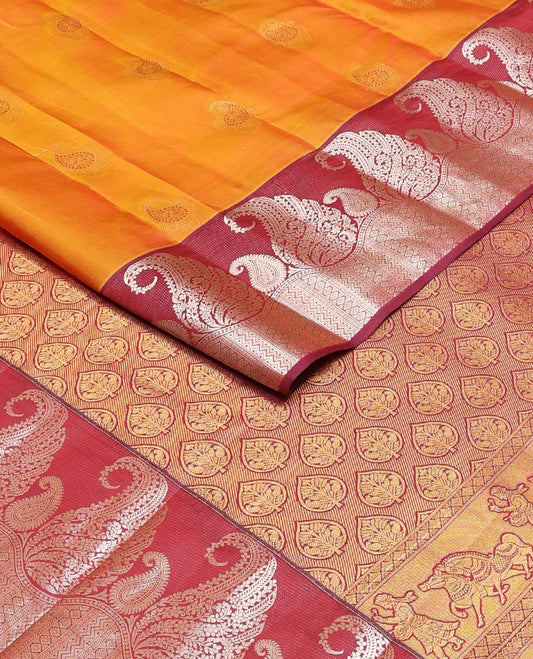 Orange manga buttas Vasundhara silk mix saree, contrast manga butta & geometric patterns border & pallu of spade designs
