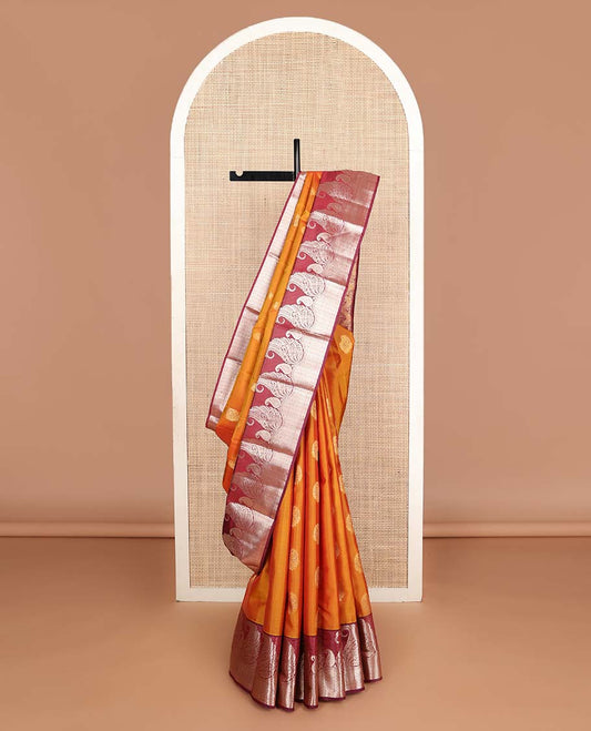 Orange manga buttas Vasundhara silk mix saree, contrast manga butta & geometric patterns border & pallu of spade designs