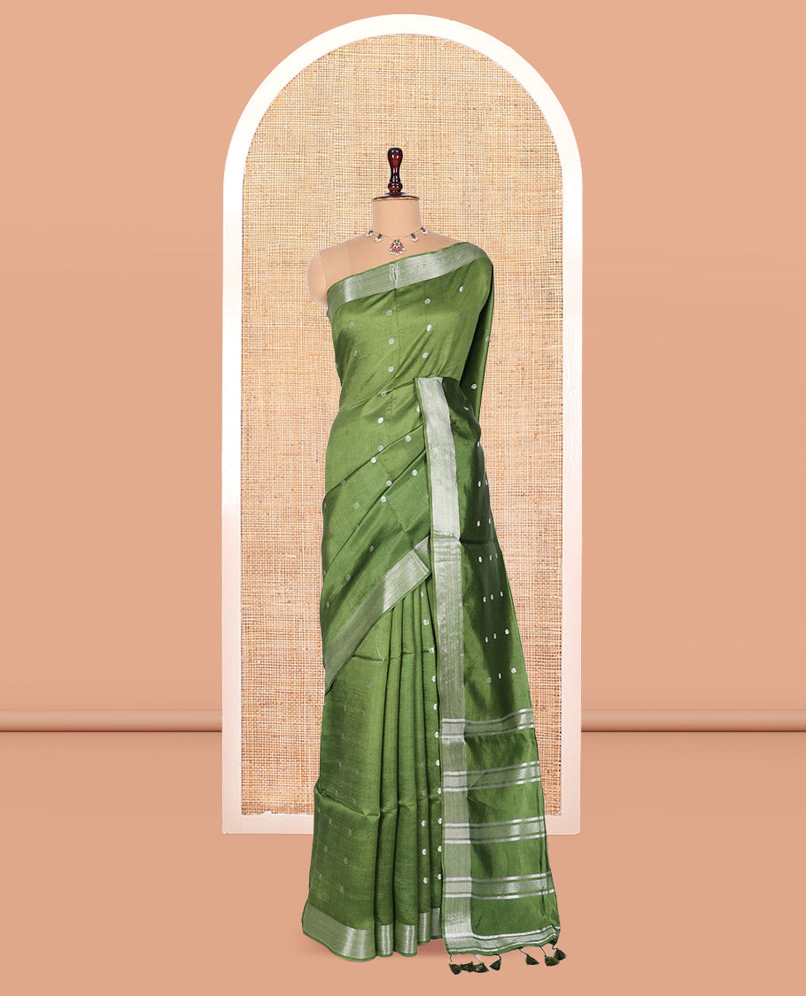 Green Banana Pith Saree, Adorned with Buttas, a Zari Border, Striped Pallu, and Matching Blouse