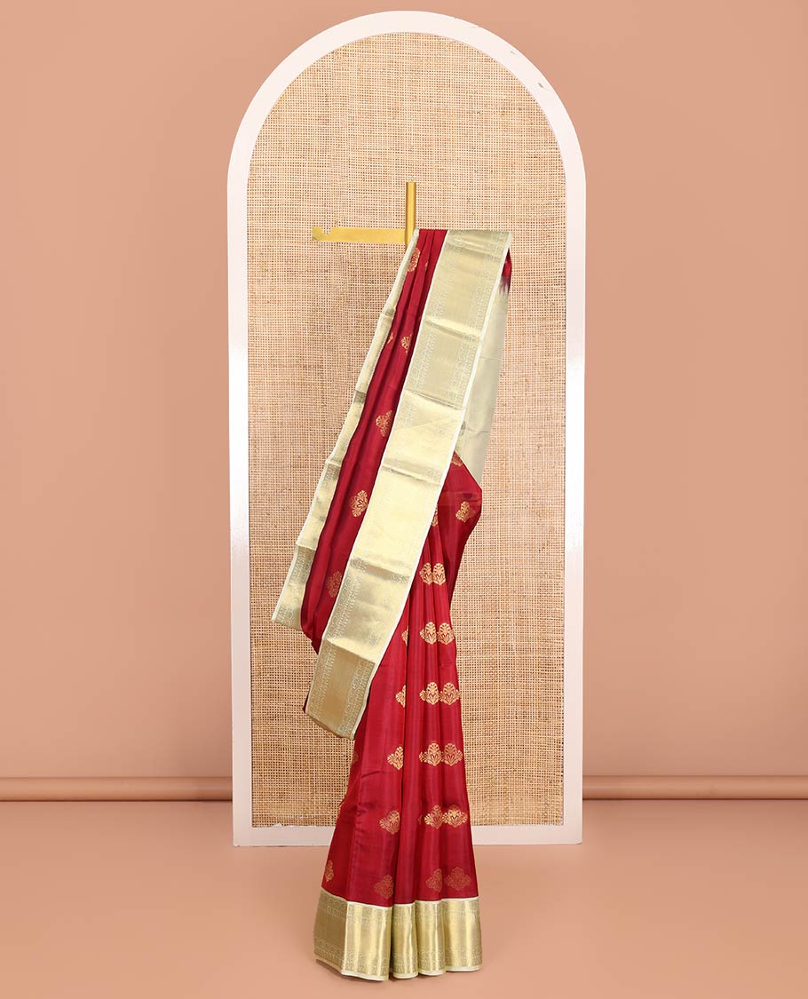 Red Vasundhara Lite-Silk Mix Saree, Elegantly Designed with Zari Buttas, Complemented by a Contrast Border of Salngai, Thilakam, and Paisa Designs, Sparsely Sparkled Pallu, and Paired with a Contrast Blouse