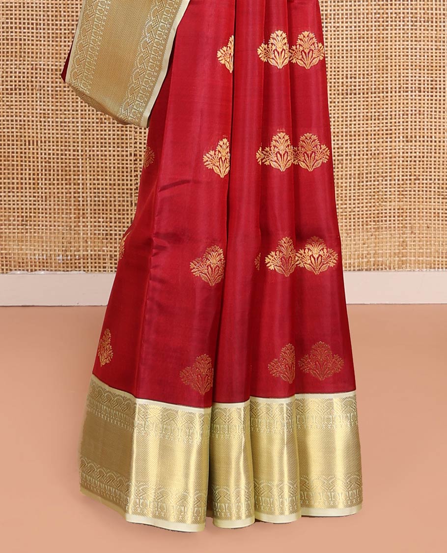 Red Vasundhara Lite-Silk Mix Saree, Elegantly Designed with Zari Buttas, Complemented by a Contrast Border of Salngai, Thilakam, and Paisa Designs, Sparsely Sparkled Pallu, and Paired with a Contrast Blouse