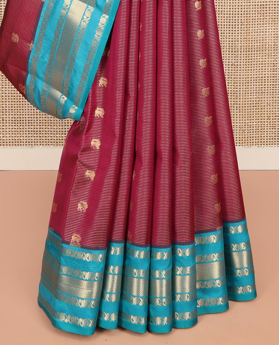 Red Vasundhara Lite Silk Mix Saree, Woven with Yaali Buttas and Stripes on Its Body, Complemented by a Contrast Border of Kodi Visiry and Mayil Kann Designs, Grand Pallu, and Paired with a Contrast Blouse