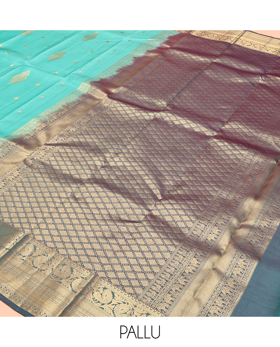 Turquoise Vasundhara Lite Silk Mix Saree, Detailed with Zari Buttas, Complemented by a Contrast Border of Kodi Mayil, Muthu, Mayil Kann, and Kodi Visiry, Jaal Pallu, and a Contrast Blouse