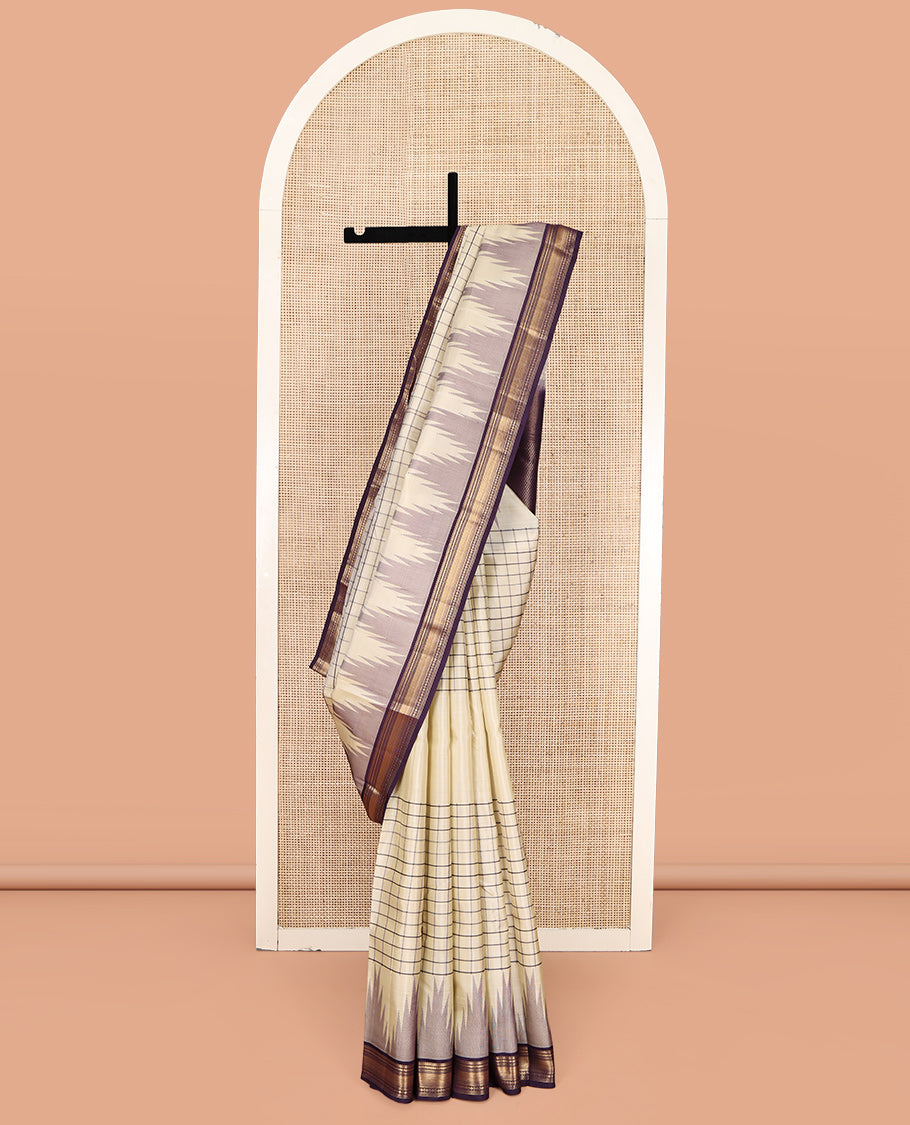 Cream Vasundhara Lite-Silk Mix Saree, Adorned with Checks, Complemented by a Contrast Temple Border of Rekku, Kathir, Neli, and Mayil Kann Designs, Temple Pallu, and a Contrast Blouse