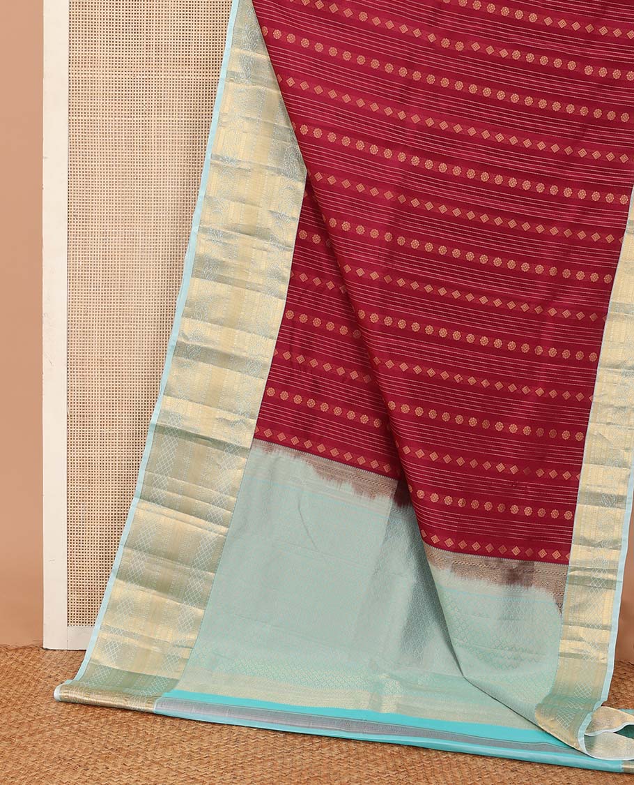 Red zari design Vasundhara silk mix saree, contrast traditional zari border of kodi visiry designs, and intricate pallu