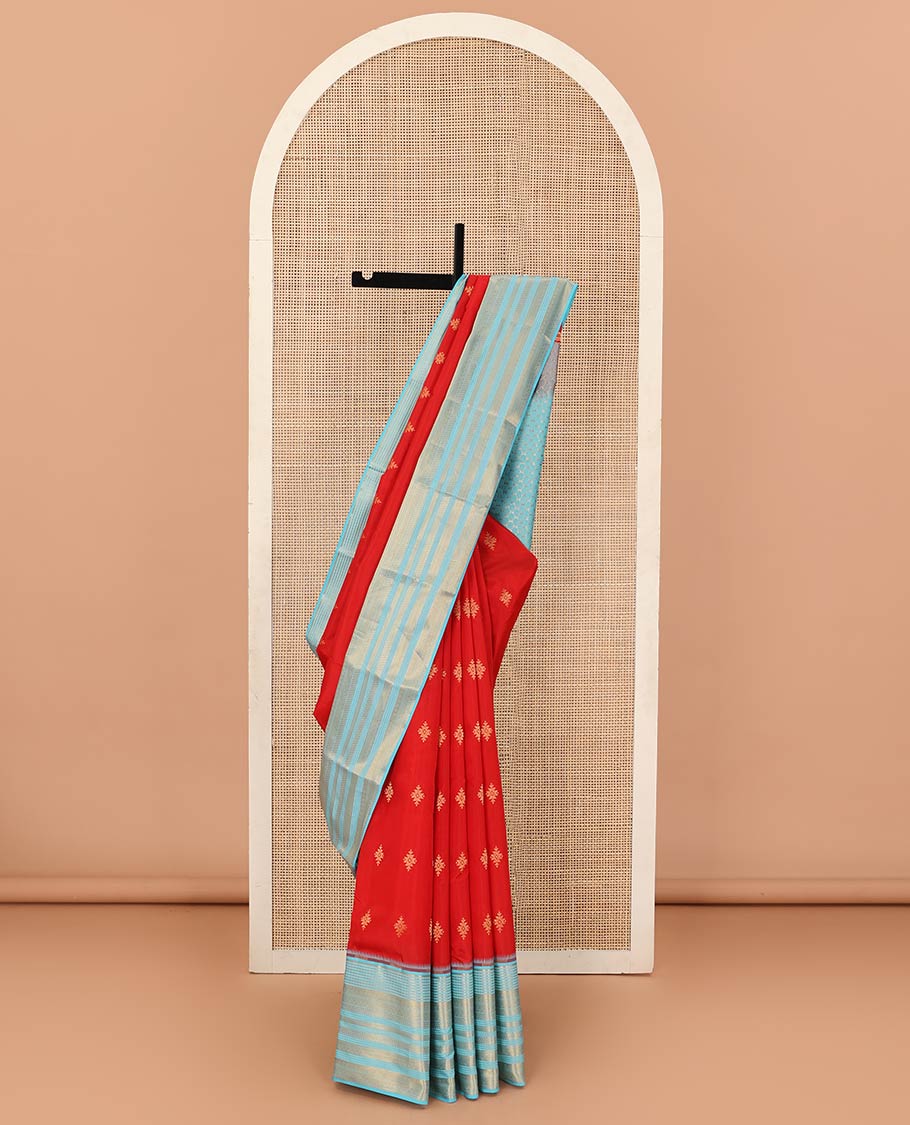 Red zari buttas Vasundhara silk mix saree, contrast border of traditional zari designs, and zari woven pallu