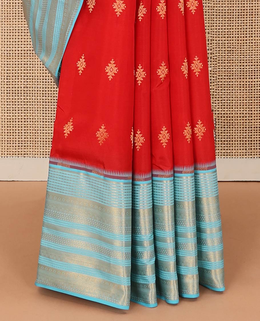 Red zari buttas Vasundhara silk mix saree, contrast border of traditional zari designs, and zari woven pallu