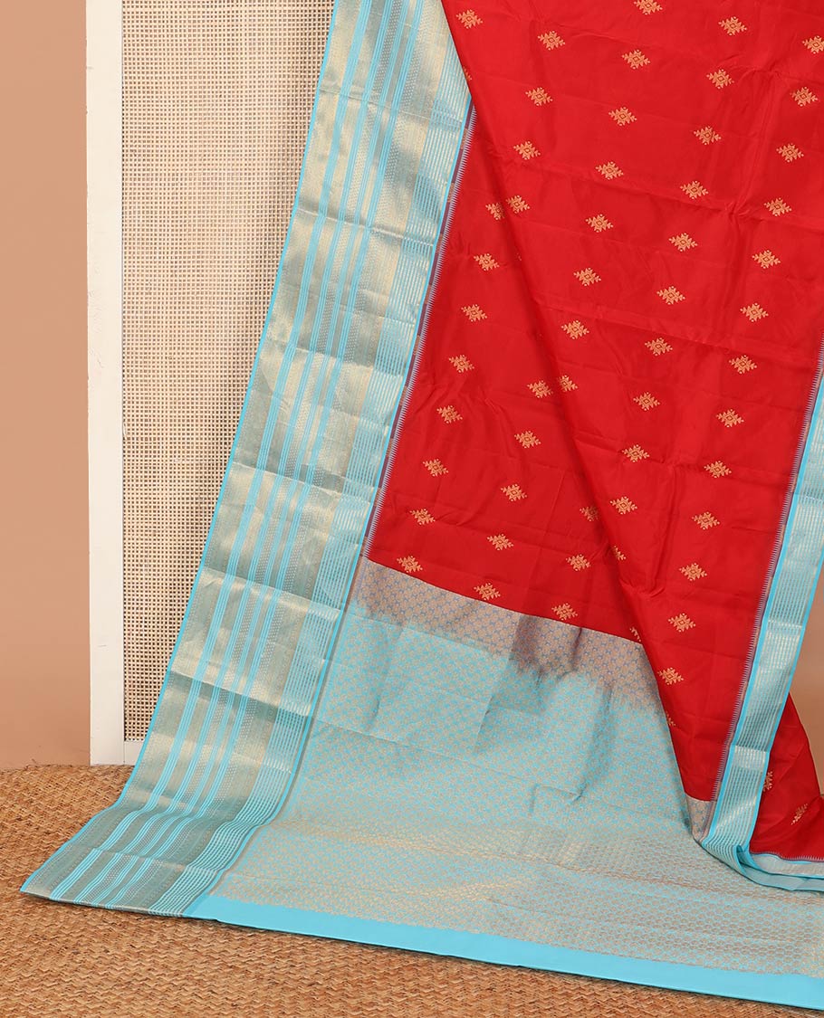Red zari buttas Vasundhara silk mix saree, contrast border of traditional zari designs, and zari woven pallu