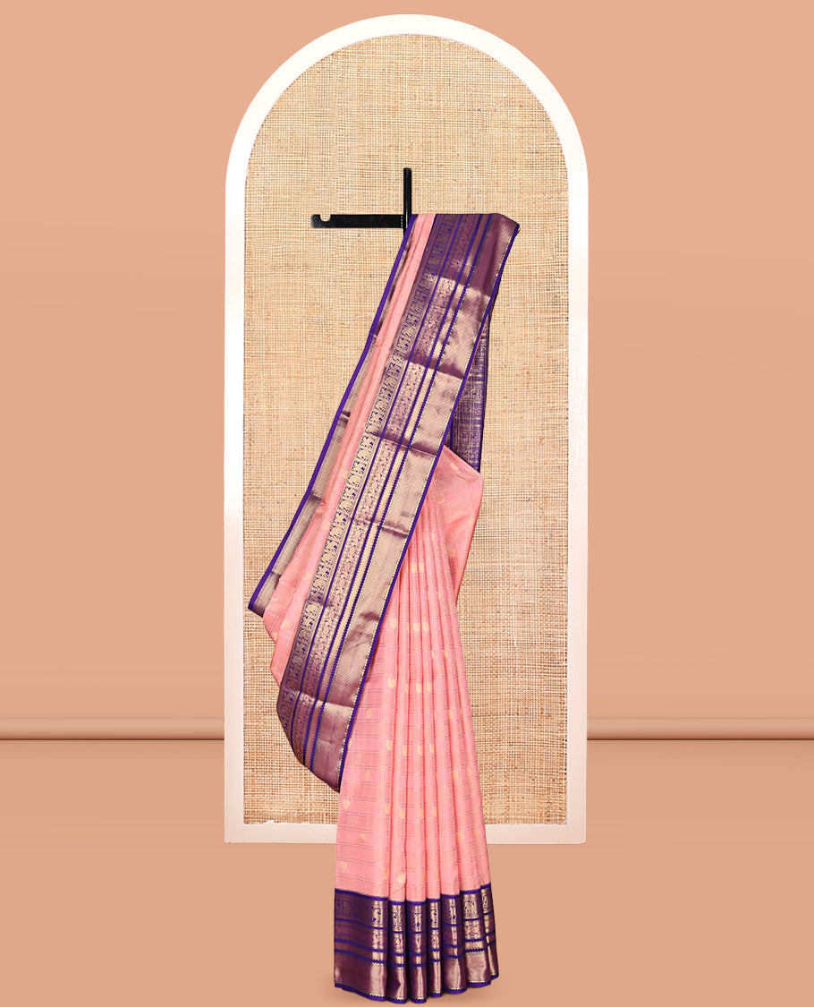 Pink Vasundhara Lite Silk Mix Saree, Sparsely Woven with Zari Butta Enclosed Checks, a Contrast Border of Neli, Kuthirai, Yaanai, Rudraksham, Mayil, and Kuyil Kann Designs, Grand Pallu, and a Contrast Blouse