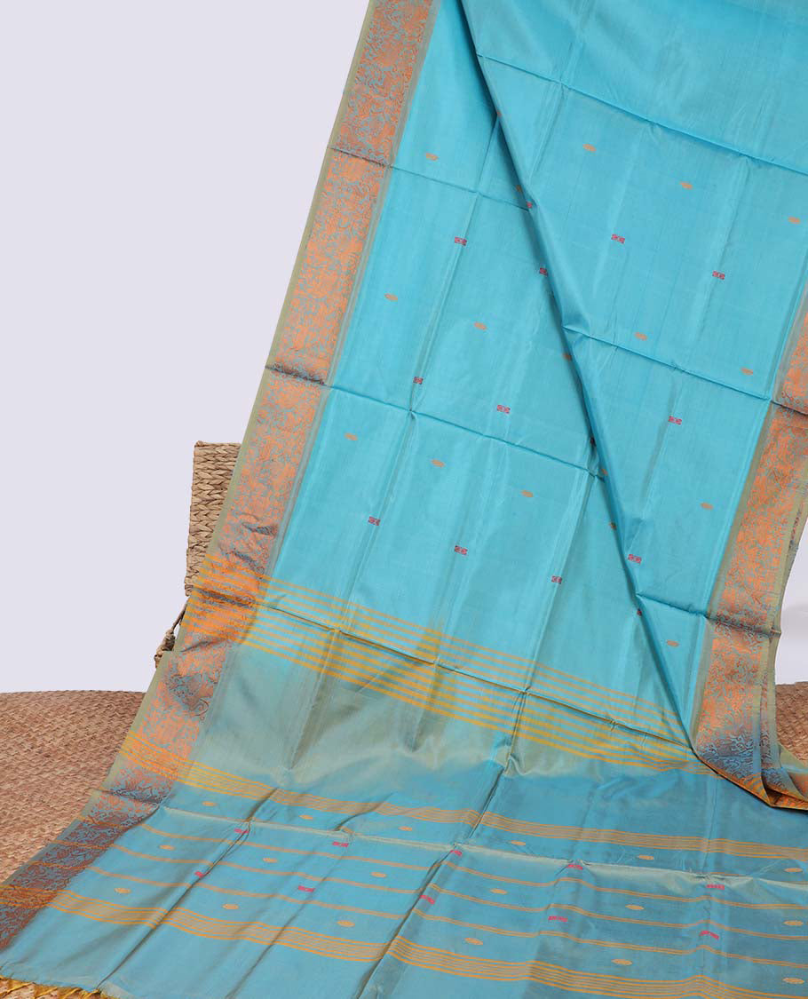 Blue motifs banana pith saree with contrast zari border & striped , floral motifs pallu