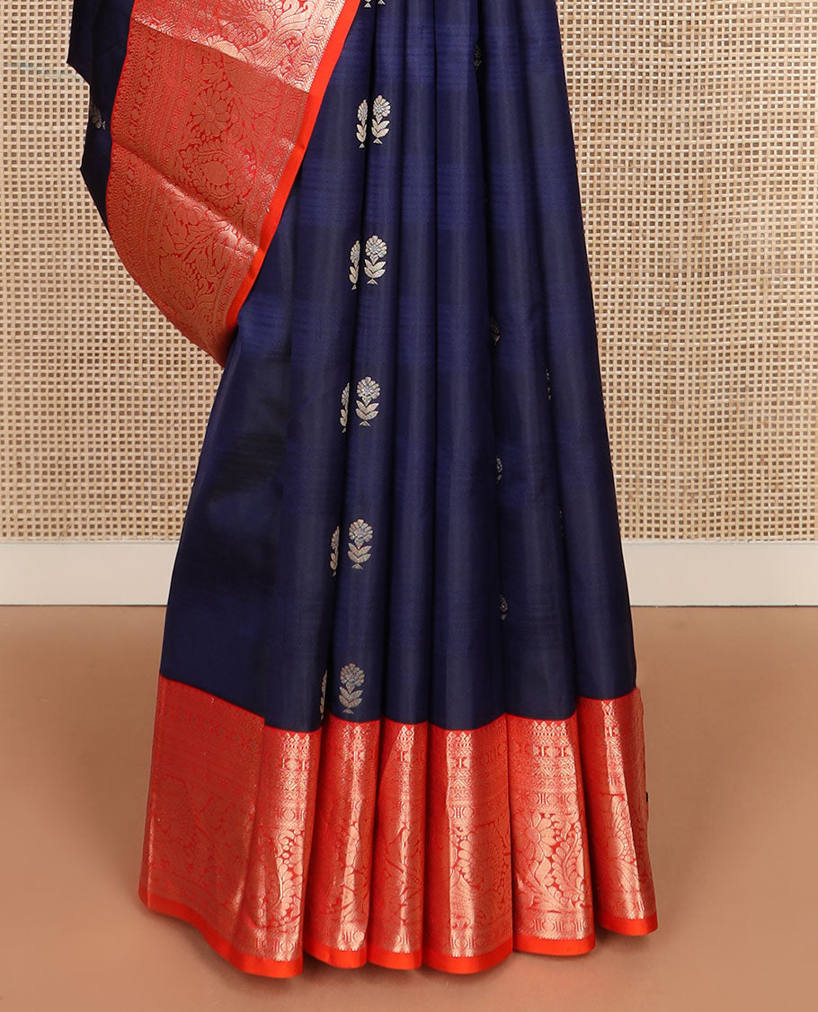 Blue zari buttas silk saree, contrast traditional kanchi motifs woven border & intricate pallu