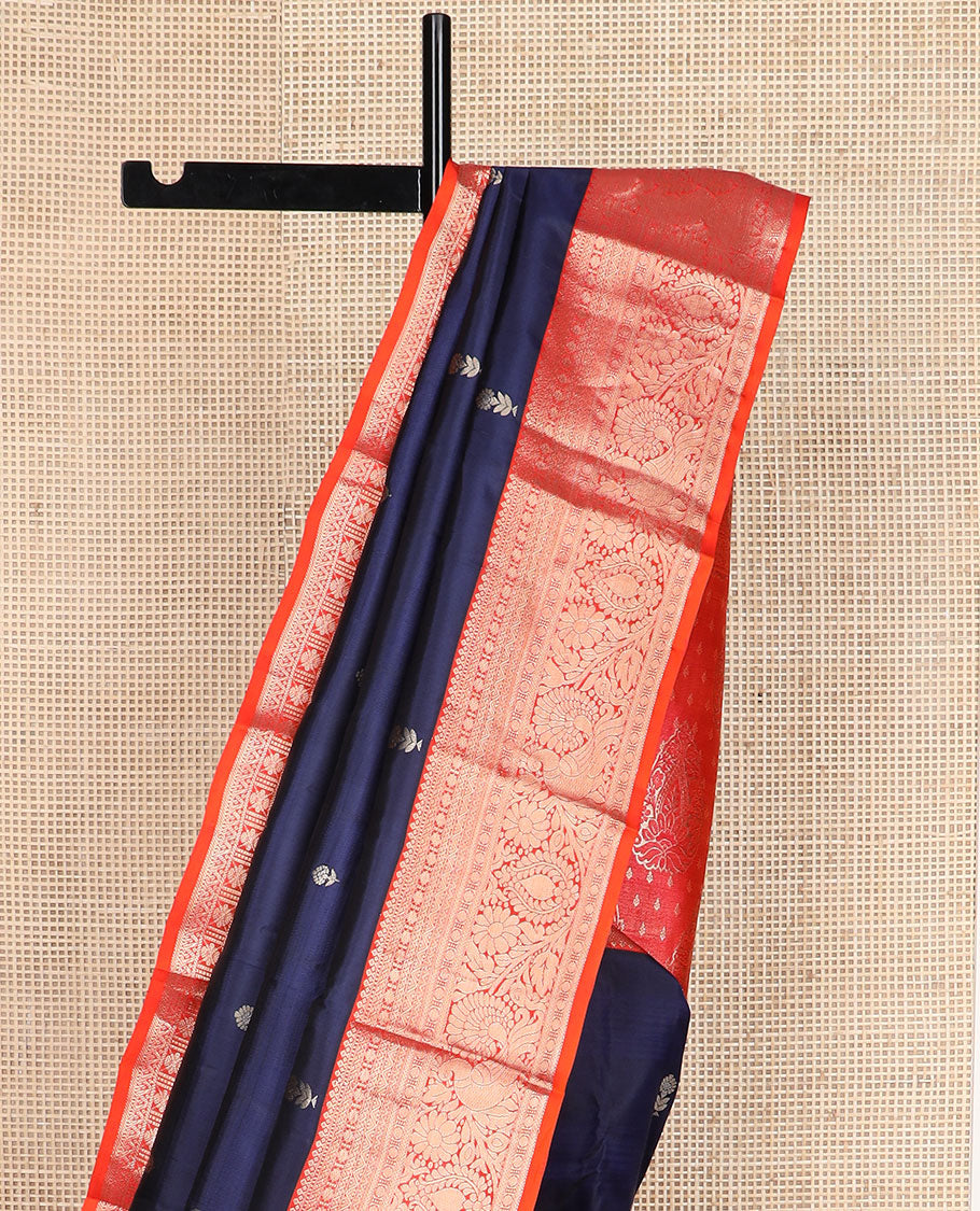 Blue zari buttas silk saree, contrast traditional kanchi motifs woven border & intricate pallu