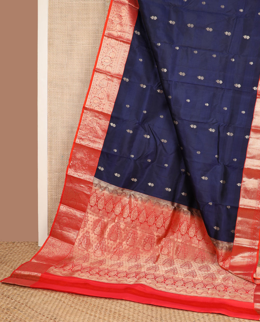 Blue zari buttas silk saree, contrast traditional kanchi motifs woven border & intricate pallu