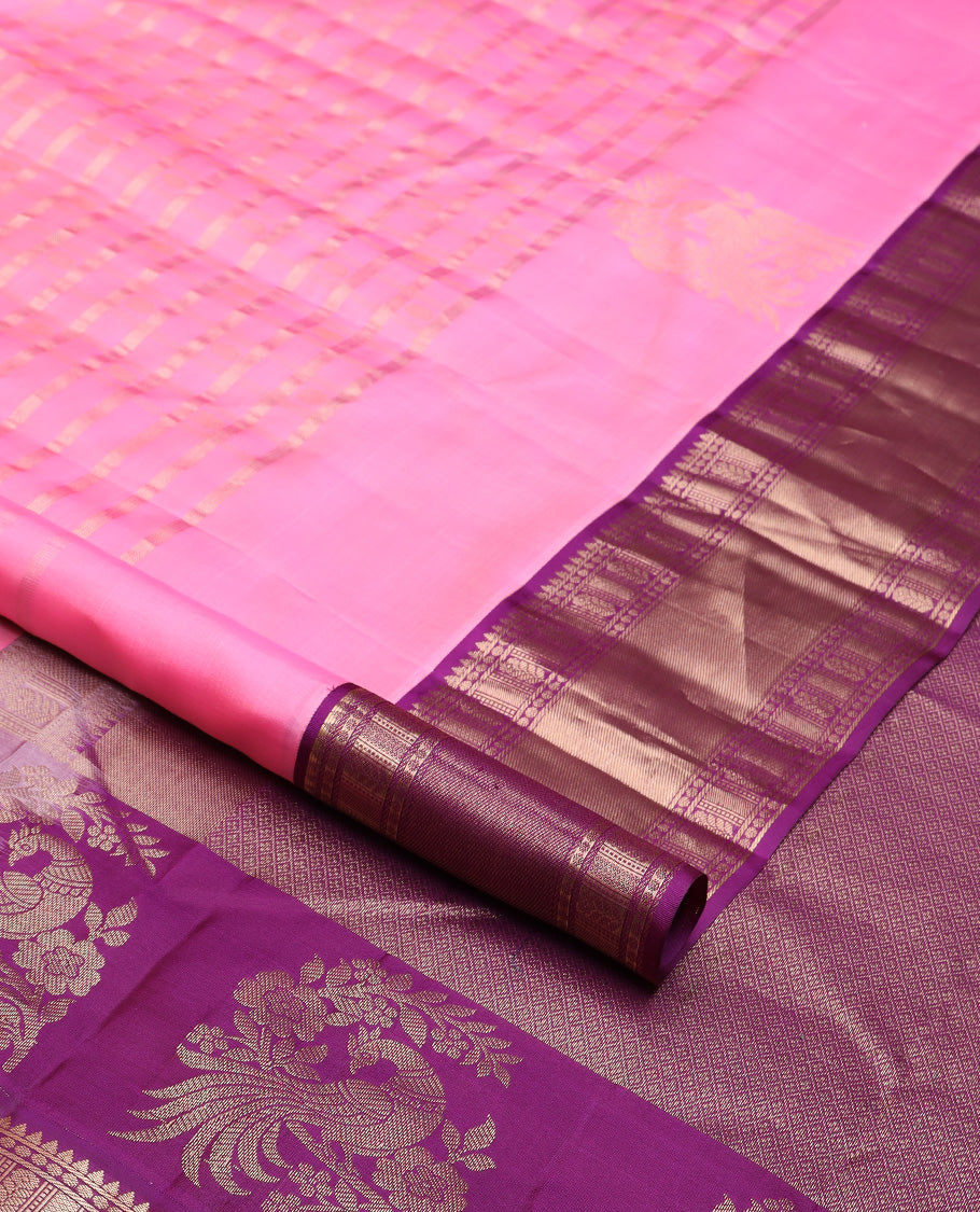 Pink zari design silk saree, contrast border of rekku, poun, banaras, zari stripes, and mayil kann designs, and jaal pallu