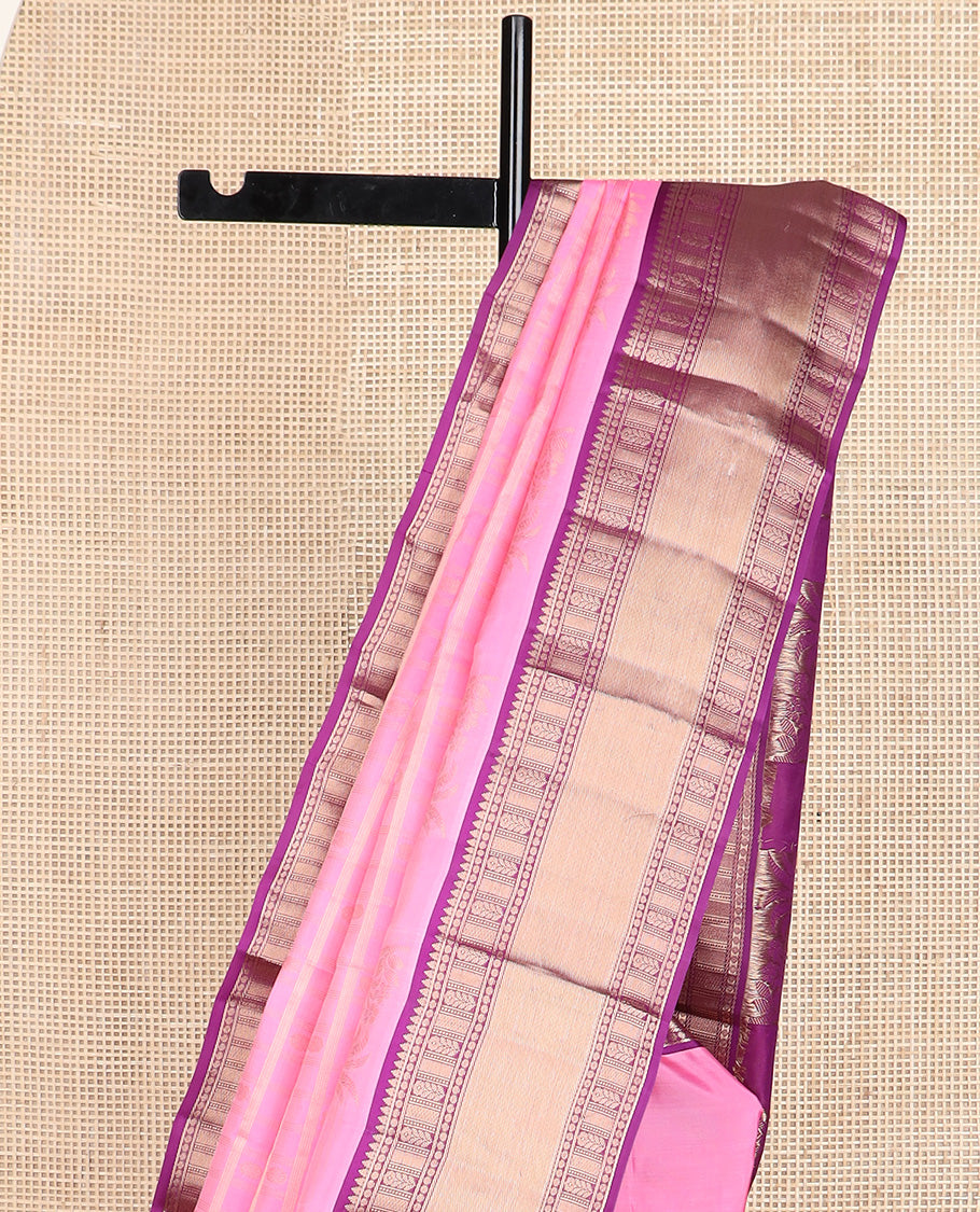 Pink zari design silk saree, contrast border of rekku, poun, banaras, zari stripes, and mayil kann designs, and jaal pallu