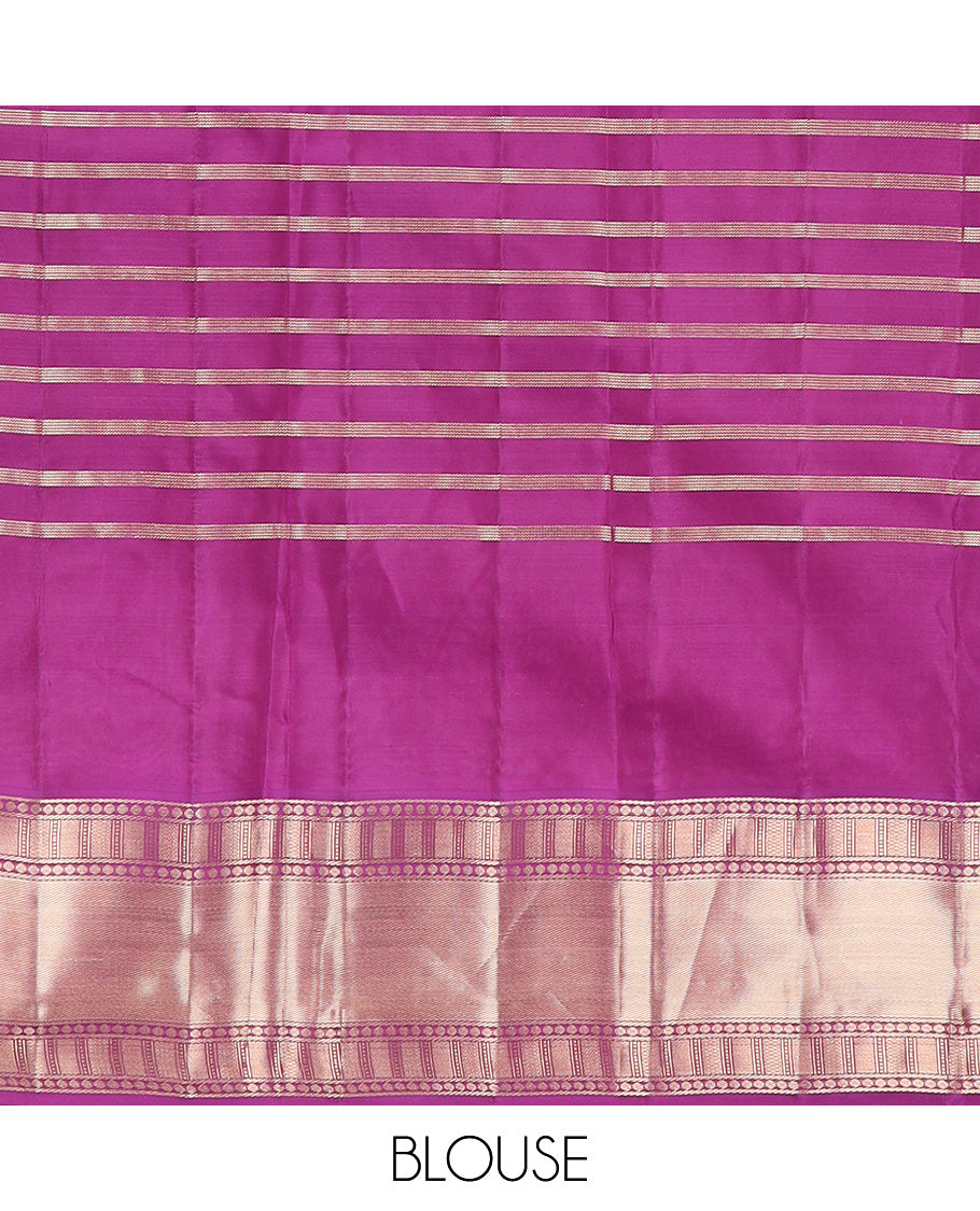 Pink zari design silk saree, contrast border of rekku, poun, banaras, zari stripes, and mayil kann designs, and jaal pallu
